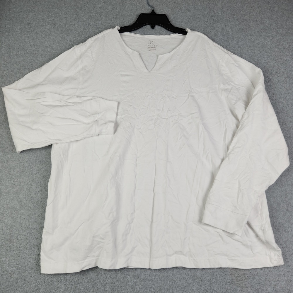 George T-Shirt Womens 3XL White Cotton Long Sleeve Split V-Neck Oversized Tee